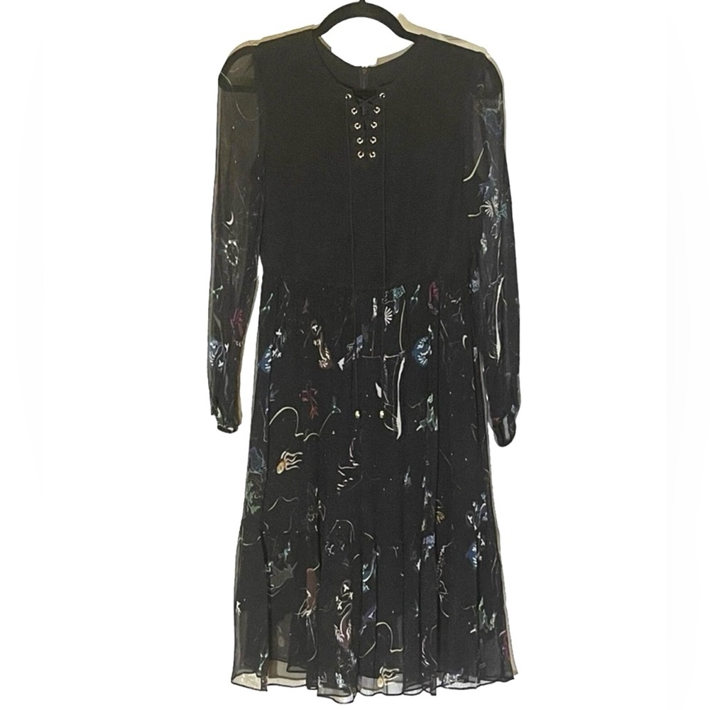 Whimsi Goth Black 100% Silk Midi Dress Lace Up Neckline Unicorns Doves Size S